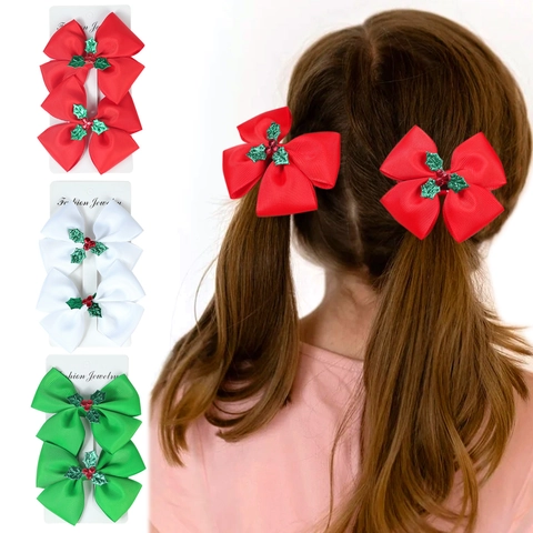 Christmas Bow Hair Clip With Holly Berry Glitter Leaves Grosgrain Ribbon Hairpin For Girls Festive Kids Hair Accessory