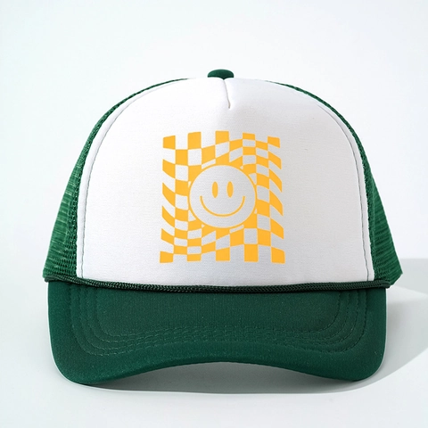 Smiley Face Geblokte Trucker Hat Ademend Mesh Verstelbaar Gebogen Rand Zonbescherming Outdoor Retro Streetwear Pet