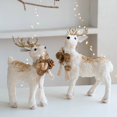 Ornamenti Natalizi da Tavolo Renna Scoiattolo Bianco Oro Statuette di Cervo in Stoffa Glitterata per Decorazione Finestra