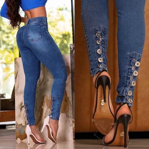 High Waist Skinny Jeans Dames Stretch Denim Broek Enkel Knoop Detail Distressed Slim Fit Streetwear Broek