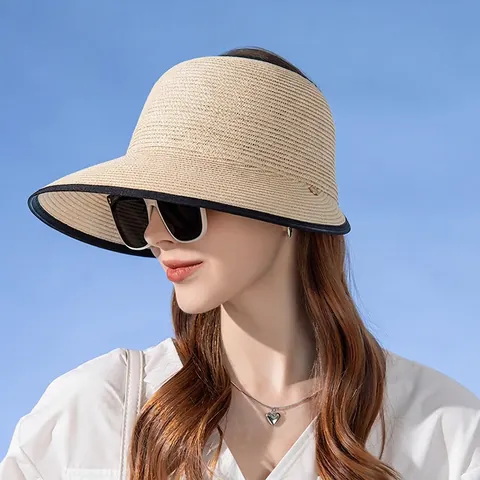 Stroh Visor Sonnenhut Damen Breitkrempig UV Schutz Faltbar Verstellbar Sommer Strand Atmungsaktiv Leer Oben Kappe