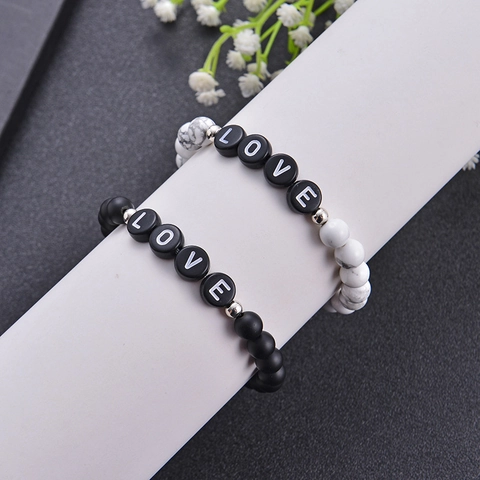 Beaded Bracelet White Turquoise Matte Black Stone Lava Rock Love Letter Elastic Couple Jewelry Fashion Gift