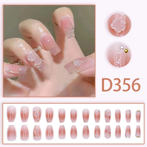 Aufpressnägel Weiße Blumen Künstliche Perle Strass Dekor Rosa Farbverlauf Lange Eckige Künstliche Falsche Nägel