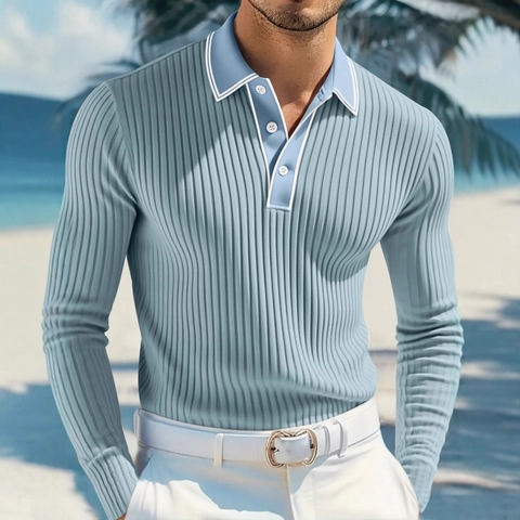 Polo Da Uomo Maniche Lunghe In Maglia A Costine Colletto A Contrasto Righe Verticali Slim Fit Top Casual Morbidi