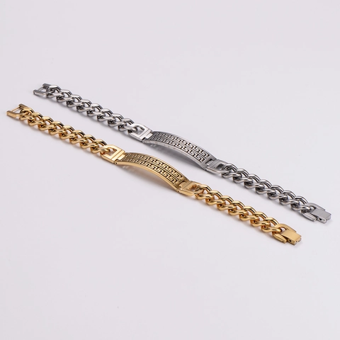 Bracciale Maglia Cubana Acciaio Inossidabile 316L Motivo Greco Piastra Curva Gioielli Hip Hop Street Style Regalo Per Uomo
