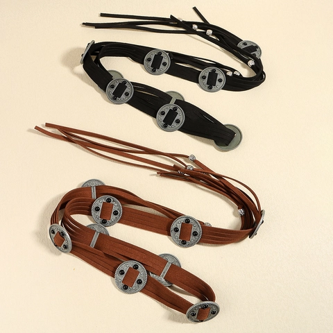 Women Bohemian Ethnic Style Waist Belt Vintage Alloy Concho Tassel Tied Waist Chain Faux Suede Fringe Decorative Belt Accessory