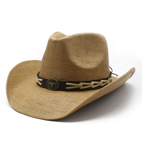 Western Cowboy Straw Hat Metal Bull Head Leatherette Belt Vintage Wide Brim Sun Shade Breathable For Men Women