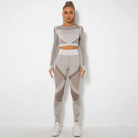Women Seamless Yoga Outfit Long Sleeve Crop Top And High Waist Leggings Hollow Out Ribbed Fitness Gym Wear