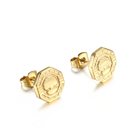 Stainless Steel Tree Of Life Stud Earrings Octagon Geometric Embossed Vintage Style Jewelry For Women