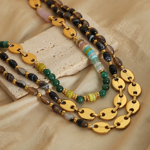 Natural Agate Beaded Necklace Titanium Steel Coffee Bean Pig Nose Chain Vintage Bohemian Style Jewelry For Women