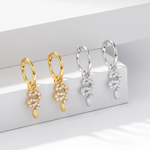 925 Sterling Silver Snake Drop Earrings For Women Zirconia Inlaid Gold Silver Plated Animal Design Fashion Hoop Jewelry