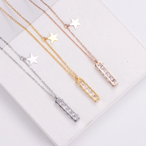Collar Con Colgante Rectangular Acero Inoxidable Chapado En Oro 18K Zircón Columna Geométrica Con Estrella Joyería Minimalista Mujer
