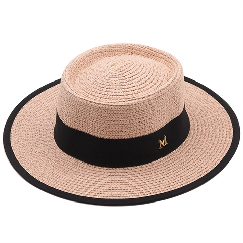 Cappello Di Paglia Boater Da Donna Cupola Piatta Tesa Larga Protezione Solare Estate Spiaggia Vacanze Traspirante Nastro Lettera Metallo
