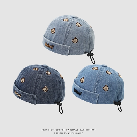 Kinder Baumwolle Denim Miki Hut Randlose Kappe Bär Stickerei Verstellbar Hip Hop Streetwear Für Kleinkinder Jungen Mädchen