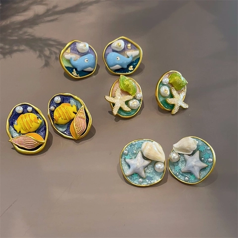 Orecchini In Smalto Tema Oceano Con Perno In Argento Sterling 925 Delfino Stella Marina Conchiglia Perla D'acqua Dolce Per Donna