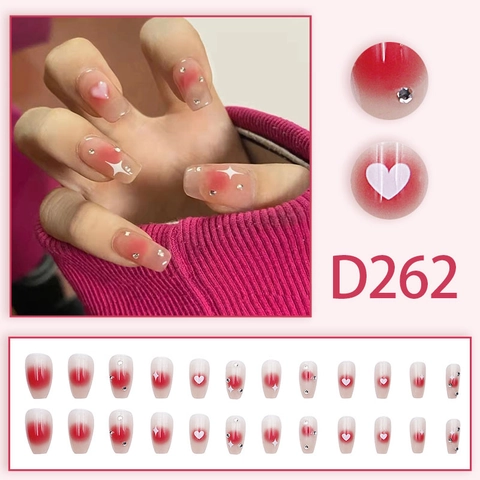 Press On Nails Long Blush Gradient Heart Stars Rhinestones Square Oval Shape Removable Artificial Fake Nails With Glue