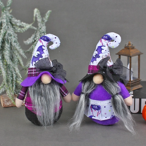 Halloween Gnome Poupées Sans Visage Peluche Violette Motif Chauve-Souris Araignée Chapeau Pointu Pour Décoration De Table