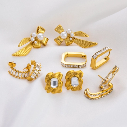 Stainless Steel Artificial Pearl Bowknot Earrings Electroplated 18K Gold Rhinestone U-shaped Geometric Jewelry For Women Gift
