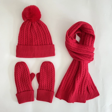 Bonnet Écharpe Et Moufles En Tricot Torsadé Chaud D'hiver Pour Femmes Avec Pompon Doublé Polaire Épais Extérieur