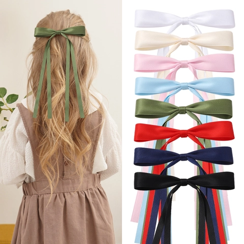 Kids Hair Clip Satin Long Streamer Ribbon Bow Duckbill Clip Solid Color Sweet Accessories For Girls