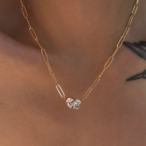 Double Stone Paperclip Chain Necklace Anklet 18K Gold Plated Stainless Steel Pear Square Zircon Pendant Retro Jewelry