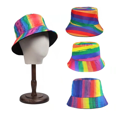 Cappello da Pescatore Arcobaleno a Strisce Unisex in Cotone Poliestere Colorblock Tie Dye Protezione Solare per Viaggi All'aperto