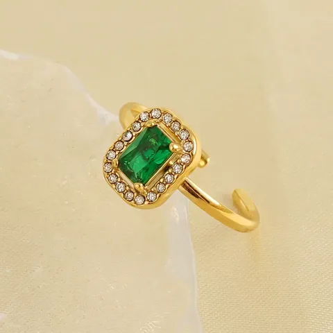 Rechthoekige Groene Zirkonia Ring 18K Verguld Roestvrij Staal Verstelbaar Open Vintage Mode Sieraden Voor Vrouwen