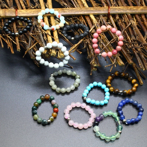 Natural Gemstone Beaded Ring Round Stone Elastic Stretch Band Minimalist Jewelry For Women Men Crystal Agate Amethyst