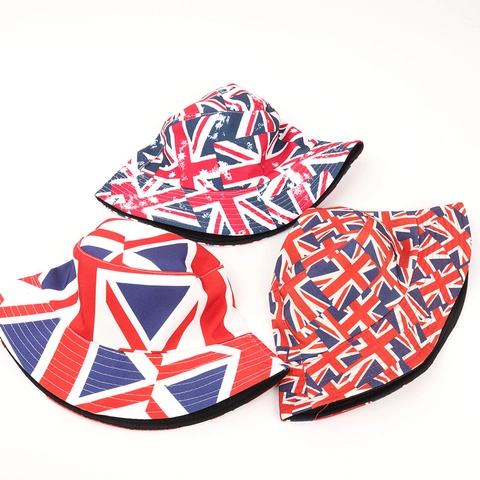 Reversible Bucket Hat Union Jack Print Cotton Polyester UV Protection Distressed Vintage Style Sun Protection Unisex