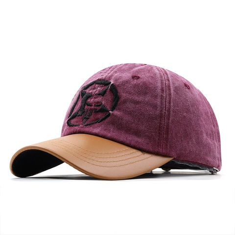 Vintage Washed Cotton Denim Baseball Cap With PU Leather Brim Patchwork Embroidered Skull Adjustable Trucker Hat Men Women