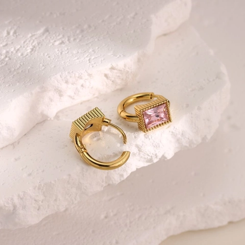 Rectangular Zircon Hoop Earrings 18K Gold Plated Stainless Steel Beaded Edge Vintage Geometric Jewelry For Women