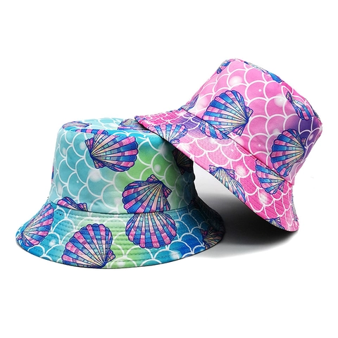 Wendbarer Fischerhut Polyester Ozean Meerjungfrau Muscheldruck Sonnenschutz Sommer Outdoor Anglerhut Für Damen Herren