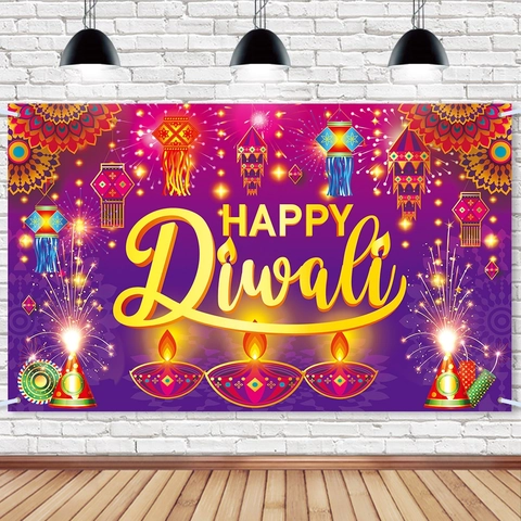 Happy Diwali Hintergrund Banner Polyester Lila Gold Laterne Feuerwerk Dekoration Für Indisches Festival Party Home Innen Wand