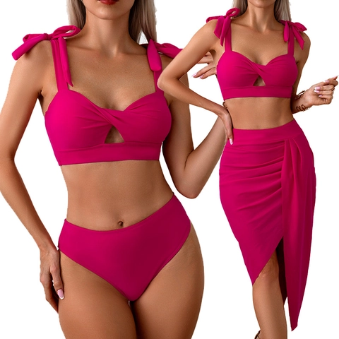 Women Nylon Bikini Top Bottom And Ruched Side Skirt Bow Tie Straps Twist Front Cutout High Waisted Solid Color Vacation