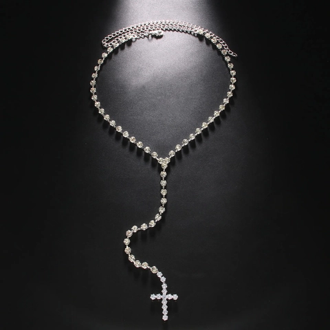 Hip Hop Kreuz Anhänger Halskette Für Damen Glänzend Zirkonia Strass Y-Form Lange Kette Schmuck Gold Silber Galvanisiert