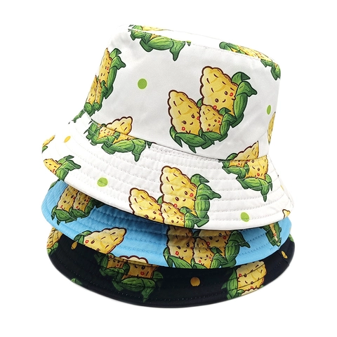 Cute Cartoon Corn Print Bucket Hat Summer Sun Protection Double Sided Polyester Travel Outdoor Retro Novelty Unisex