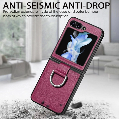 PU Leather Litchi Pattern Phone Case For Samsung Galaxy Z Flip 7 6 5 4 3 With Metal Ring Holder Shockproof Protective Cover