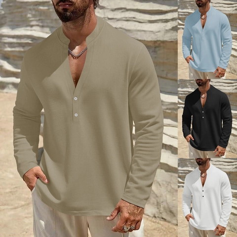 Ανδρικό Μπλουζάκι Henley Λινό Μίγμα Καθημερινό Μακρυμάνικο Όρθιο Κολάρο Μονόχρωμο Χαλαρή Εφαρμογή Καλοκαιρινά Τοπ Για Άνδρες