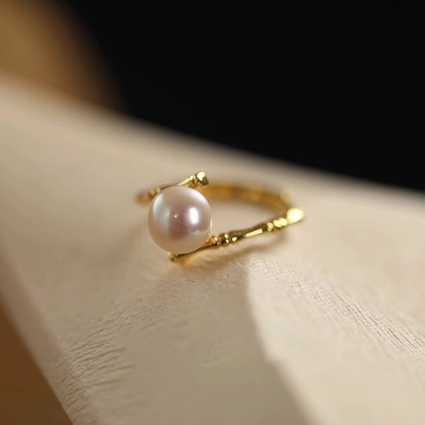 925 Sterling Silver Bamboo Joint Open Ring For Women Freshwater Pearl Adjustable Gold Silver Plated Elegant Fashion Jewelry