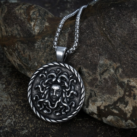 Stainless Steel Pendant Necklace Medusa Jesus Relief Retro Polished Punk Hip Hop Vintage Jewelry For Men Women