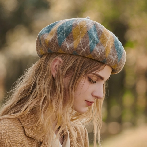 Berretto 100% Lana Per Donna Vintage Motivo A Quadri Argyle Caldo Ispessito Autunno Inverno Cappello Da Pittore Regolabile