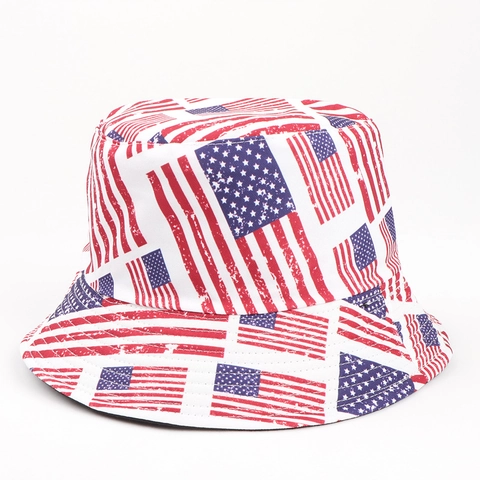 Bucket Hat Cotton Polyester Reversible American Flag Print Stars Stripes Sun Protection Summer Outdoor Vintage Style Unisex