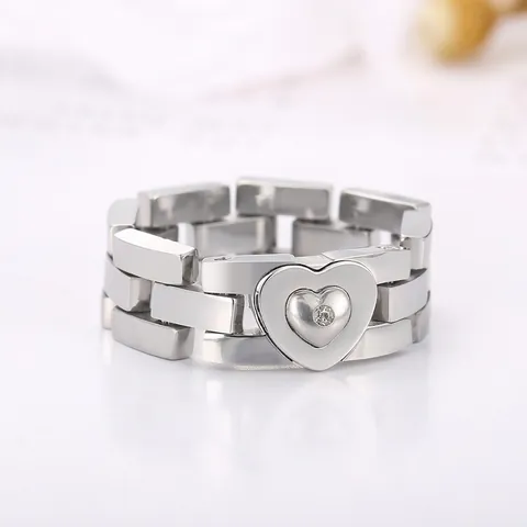 Heart Ring Stainless Steel Watch Strap Chain Design Rhinestone Silver Color Modern Fashion Jewelry For Women Men