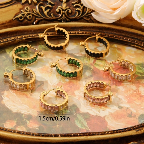 Boucles d'Oreilles Créoles Rondes en Acier Inoxydable Plaqué Or 18K pour Femmes Rétro Double Face Incrustées de Strass