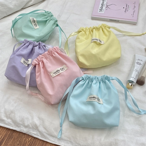 Portable Drawstring Storage Bag Polyester Fabric Multipurpose Cosmetic Organizer Travel Pouch For Women Macaron Color