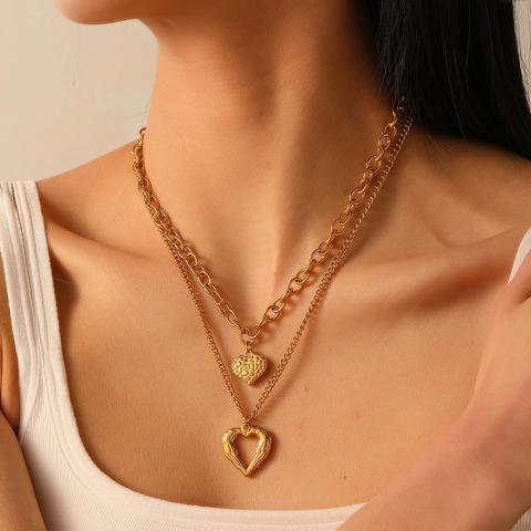 Collar Con Colgante De Corazón De Doble Capa Acero Inoxidable Chapado En Oro De 18K Joyería De Corazón De Ala Para Mujer Elegante Minimalista