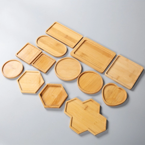 Gardening Fleshy Flower Pot Bamboo Holder Ceramic Fleshy Flower Pot Tray Bamboo Frame Heat Insulation Anti-Scalding Ceramic Coaster Square Round