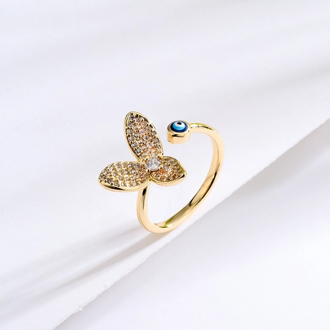 Evil Eye Schmetterling Verstellbarer Offener Ring Kupfer Vergoldet Zirkonia Emaille Schmuck Für Damen