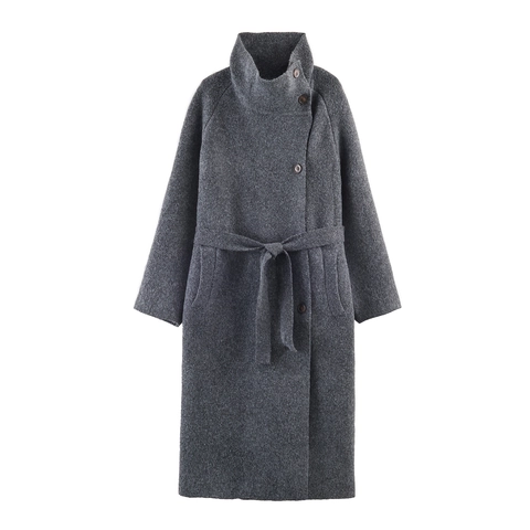 Women French Style Long Woolen Texture Overcoat Belted Elegant High Collar Lapel Buttons Outerwear For Winter