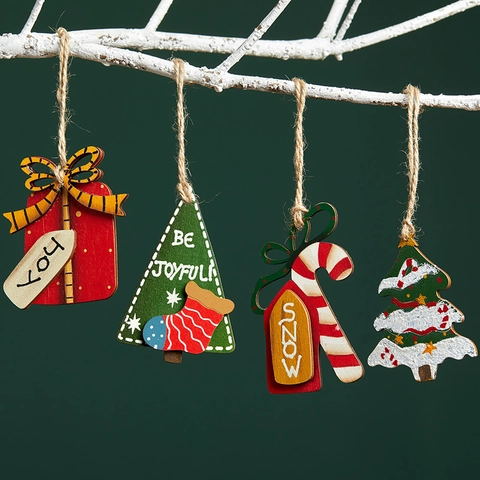 Christmas Wooden Hanging Ornaments Hand Painted Tree Decorations Vintage Gift Tags With Twine Rope Holiday Party
